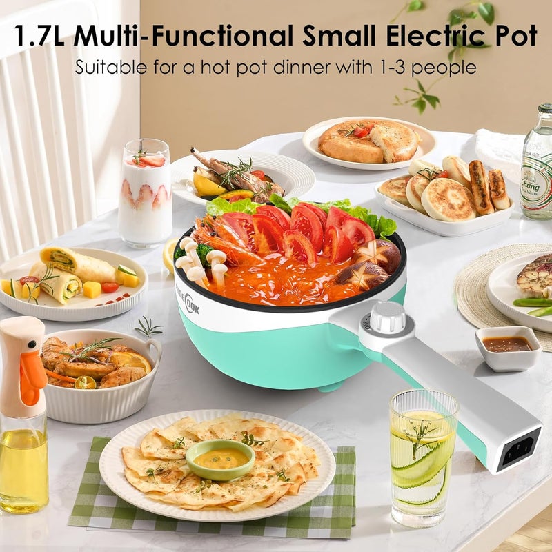 Audecook Hot Pot Electric, 1.7L Mini Electric Skillet Portable Nonstick Sauté Pan with Power Adjustment, Ramen Cooker Travel Multicooker for Steak/Soup/Egg/Oatmeal/Noodles (Tongs for Cooking Included) - Image 4